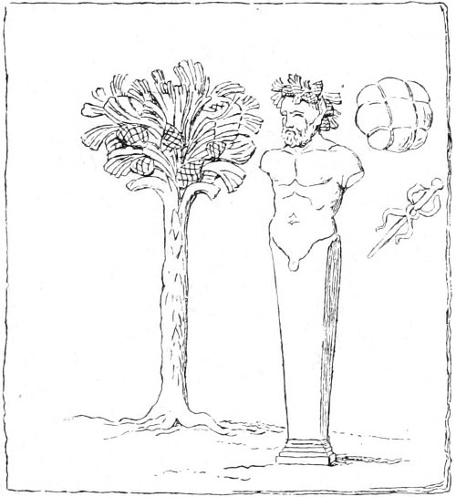 Fig. 12.—Sacred pine of Silvanus, with a bust of the god, and votive gifts represented by a bale of merchandise and a Mercury’s staff.(Bötticher, Fig 18.)
